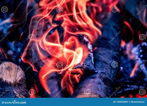 Bright Hot Coals And Burning Woods In Bbq Grill Pit Glowing And