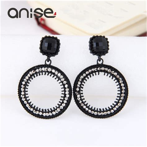 Anise Luxury Full Crystal Big Round Circle Drop Earrings For Women Vintage Black Rhinestone