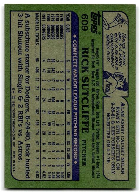 1982 Topps Rick Sutcliffe Los Angeles Dodgers 609 EBay