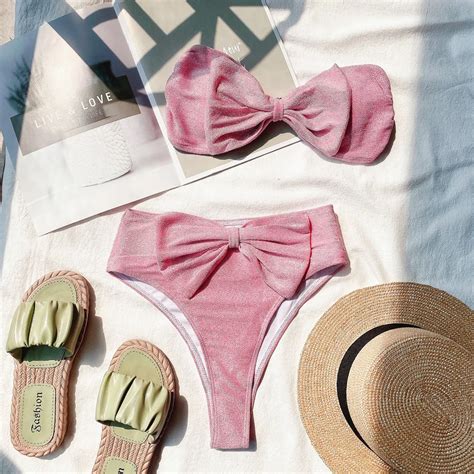 Bikini z wysoką talią stroje kąpielowe stroje kąpielowe Bandeau kobiety błyszczące łuk Biquini