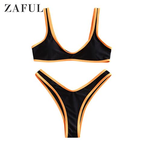 Contrast Trim Bralette Bikini Set High Cut High Leg Bathing Suits Padded Tank Sporty Swimwear