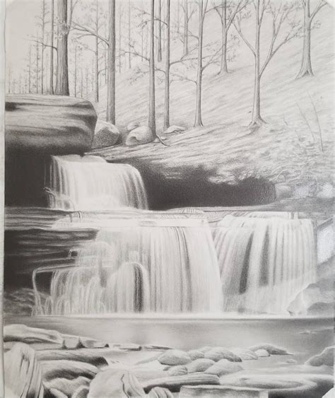 Graphite dessin scène de cascade de nature 14 x 17 Etsy