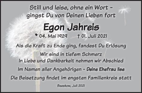 Traueranzeigen Von Egon Jahreis M Rkische Onlinezeitung Trauerportal