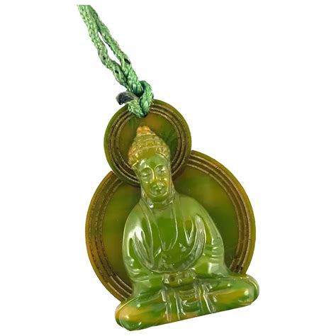 Rare Vintage S Handmade Carved Marbled Green Bakelite Buddha Ruby