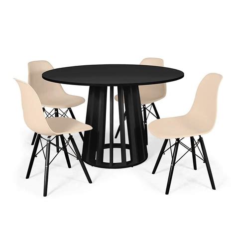 Conjunto Mesa De Jantar Redonda Talia Cm Preta Cadeiras Eames Eiffel Base Preta Nude
