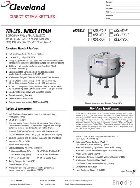 CLEVELAND KDL 100 F KETTLE SPECIFICATIONS ManualsLib