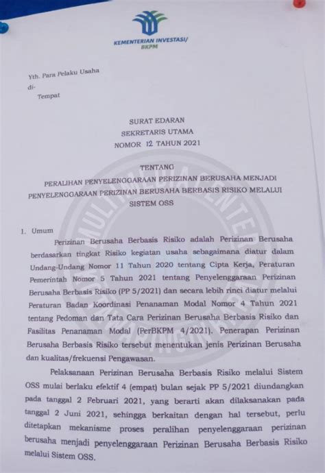 Surat Edaran Kementerian Investasi Bkpm Nomor Tahun