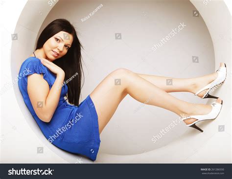 Sexy Brunette Blue Dress Sitting Circle Stock Photo Shutterstock