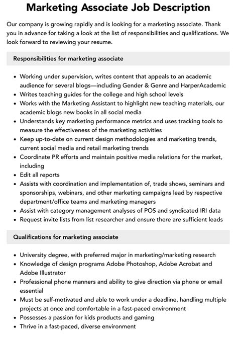 Marketing Associate Job Description Velvet Jobs