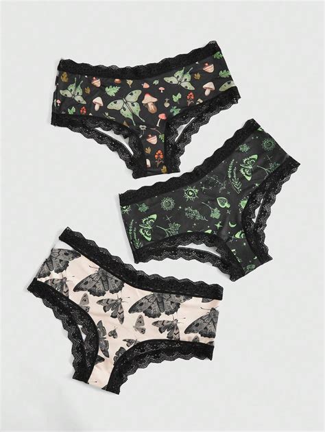 Romwe Fairycore Pack Mushroom Print Contrast Lace Panty Set Shein Usa