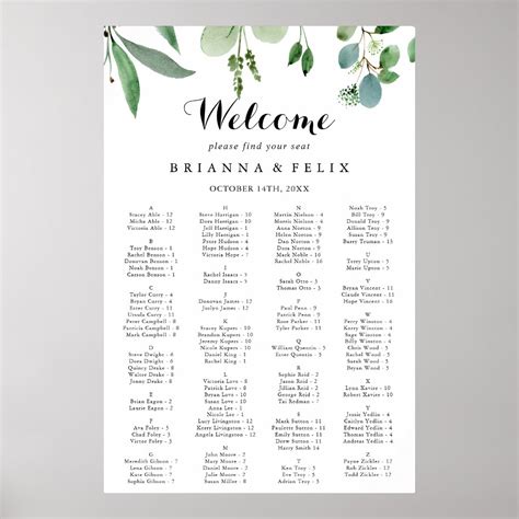 Greenery Eucalyptus Alphabetical Seating Chart Zazzle