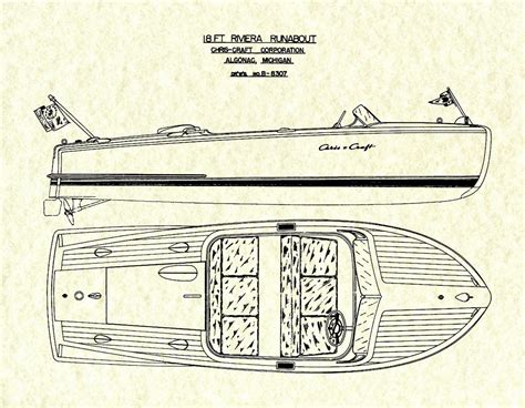 Chris Craft Riviera Runabout Classic Mahogany Wooden Boat Drawing 18 Ft ...