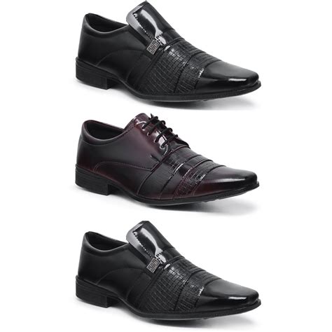 Kit 3 Pares Sapato Social Masculino Em Verniz Classic Estilo E Conforto