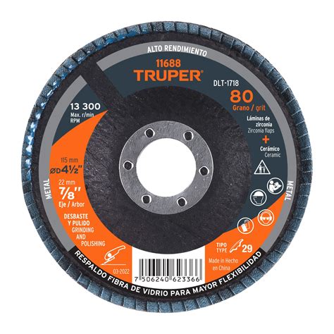 11688 DLT 1718 TRUPER Disco 4 1 2 Laminado Grano 80 Centro 7 8 Truper