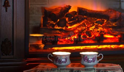 Two Cups Of Hot Drink Near Fireplace Stock Photo Image Of Fire Warm