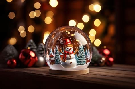 Imagen De Un Globo De Nieve De Navidad En Madera Con Un Fondo De Luces