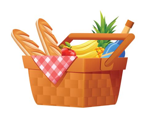 Wicker Picnic Basket With Blanket Full Of Products Vector Illustration