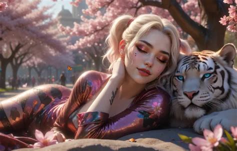 Обои girl tiger blonde ponytails ai art на телефон и рабочий стол