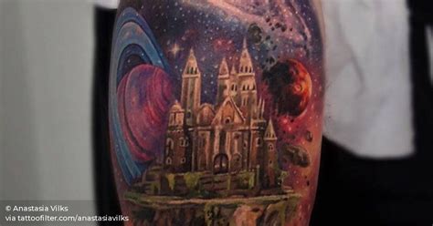 Surrealist Galactic Castle Tattoo On The Right Upper