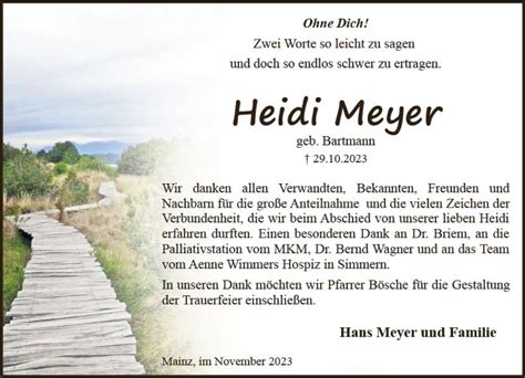 Traueranzeigen Von Heidi Meyer Vrm Trauer De