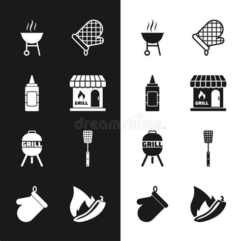 Set Barbecue Shopping Building Mustard Bottle Grill Oven Glove Spatula Hot Chili Pepper Pod