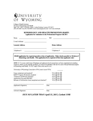 Fillable Online Uwyo Application For Admission Kinesiology And Health