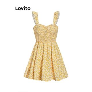 Lovito Women Boho Ditsy Floral Lettuce Trim Pattern Smocked Dress