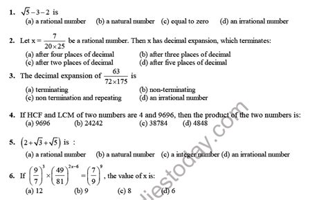 Cbse Class 10 Mathematics Real Numbers Mcqs Set B Multiple Choice Questions For Real Numbers