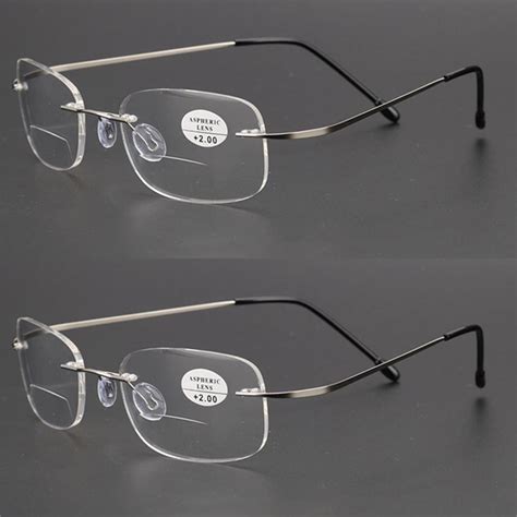 2 Pack Rimless Bifocal Reading Glasses Metal Flexible Rectangle Readers