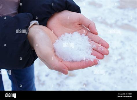 Close Up Woman Hand Holding Snow Cold And Snowy Weather Winter