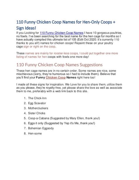 110 Funny Chicken Coop Names For Hen Pdf