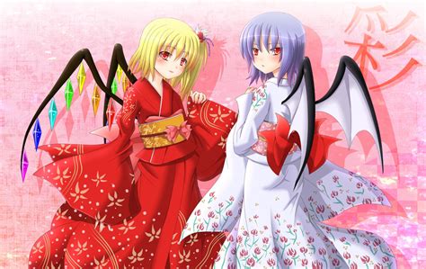 2girls Blonde Hair Blue Hair Blush Flandre Scarlet Japanese Clothes