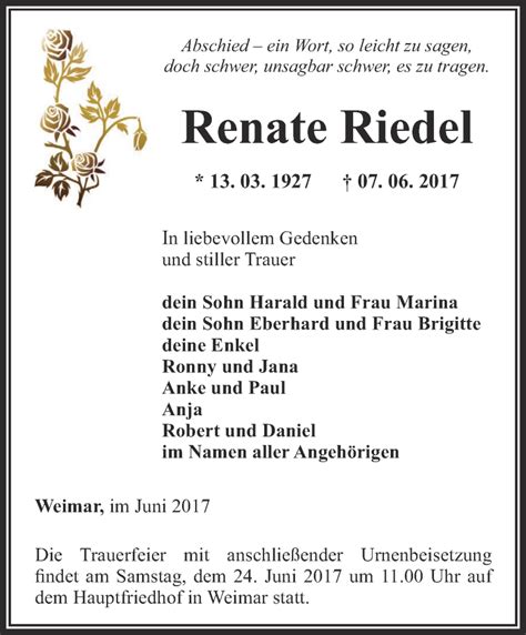 Traueranzeigen Von Renate Riedel Trauer In Thueringen De