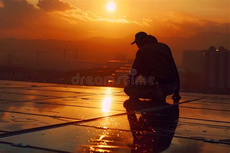 A Man Is Sitting On A Rooftop At Sunset Generated By AI Stock