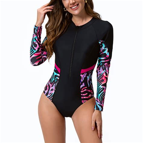 Badhub Womens Zip Rash Guard Swinsuit Long Sleeve Tropical Print