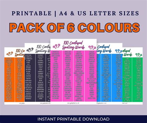 100 Confused Spelling Words Bright Colours Spelling Printable
