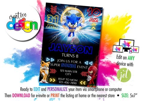 Sonic The Hedgehog Themed Birthday Invitation Instant Etsy