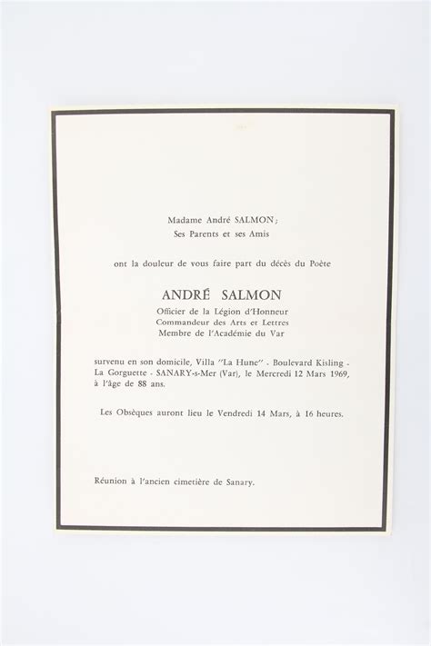 Faire part de décès d André Salmon by SALMON André Pas de couverture