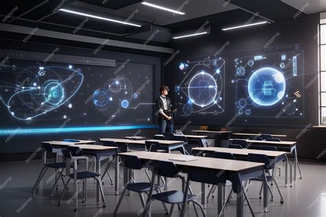 Premium Ai Image Futuristic School Classroom With Augmented Reality Projected In A Electronic