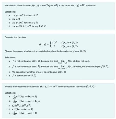 Solved The Domain Of The Function F X Y Tan 7xy π 2 Is The