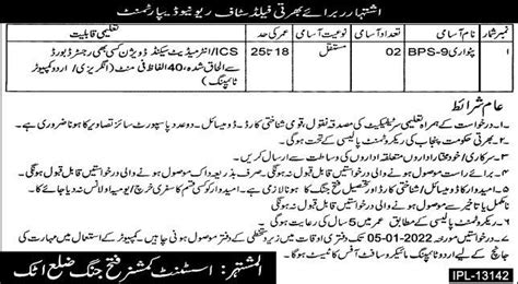 Revenue Department Fateh Jang Patwari Jobs 2021 2025 Job Advertisement