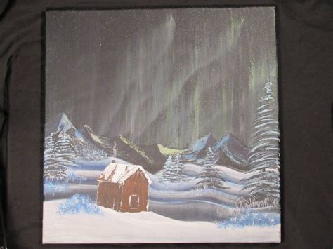 Winter Cabin Under Northern Lights Acrylic Painting On 14 X 14