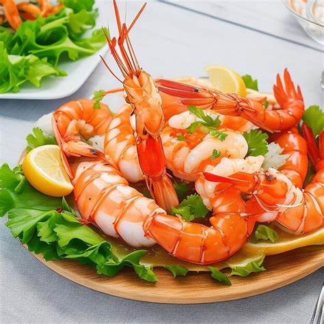 Freshness And Gourmet Seafood Meal Cooked Prawn On Wooden Plate