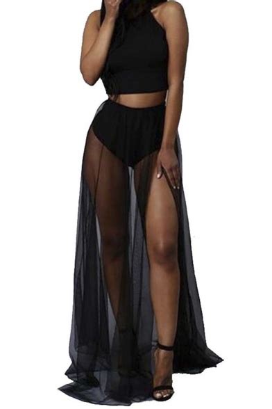 Women Sexy Crop Top Long Chiffon Skirt 2 Piece Set Outfit Slit Beach