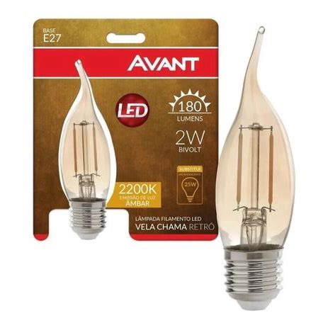 Lampada Led Avant Retro Vela Chama 2w E27 Ambar 2200k Biv Submarino