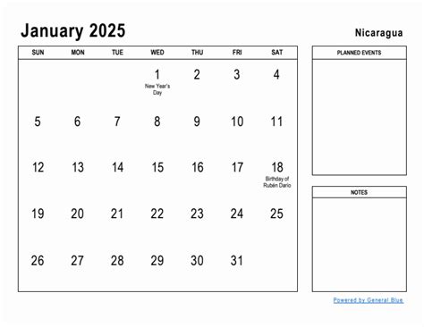 January 2025 Planner with Nicaragua Holidays