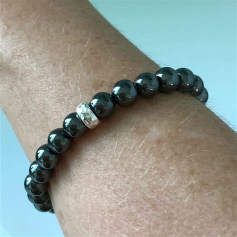 Mens Gemstone Bracelet Grey Hematite Sterling Silver Mm Beaded