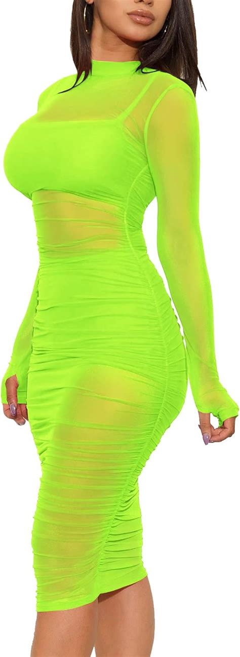 Buy Womens Sexy Bodycon Midi Dresses See Through Sheer Mesh Cover Up Ruched Dress Party Club