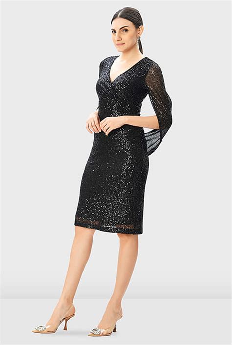 Shop Cape Sleeve Sequin Mesh Sheath Dress Eshakti