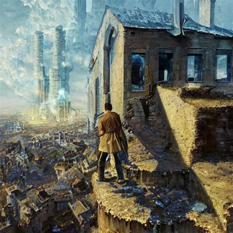 Oil Painting Of A Man Overlooking Town Ruins Ashes Stable Diffusion